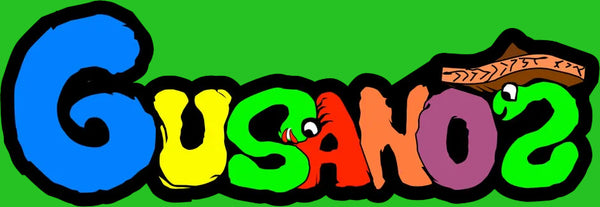 A colorful stylized logo reading 'Gusano' with each letter in different bright colors and cartoon eyes, outlined in black on a white background. A brown sombrero graphic appears above the letter O.
